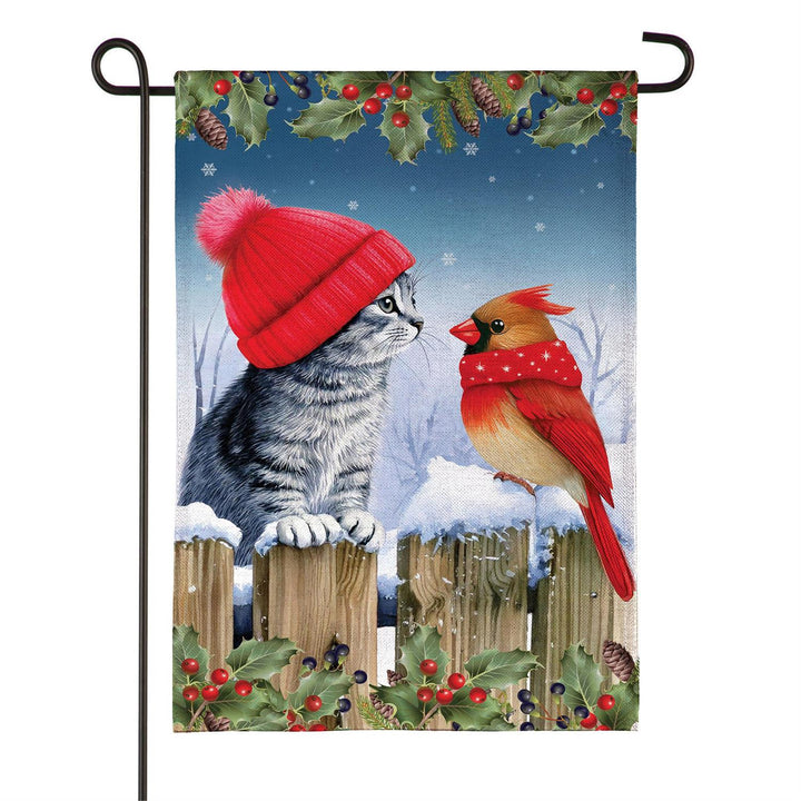 Kitten and cardinal burlap garden flag on garden stand