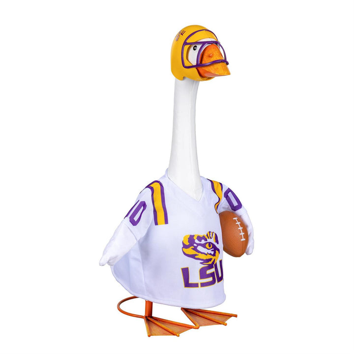 Side view of LSU Tigers goose outfit showing purple-and-gold shoulder stripes and football accent; goose not included