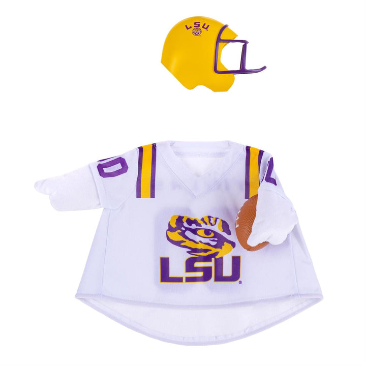 LSU goose outfit front with white tiger-eye logo jersey, football accent, and gold helmet with purple facemask