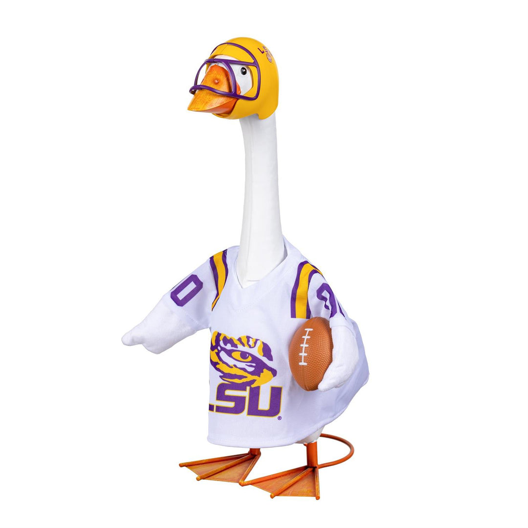 Angled front view of LSU Tigers white football outfit on a decorative goose; goose not included
