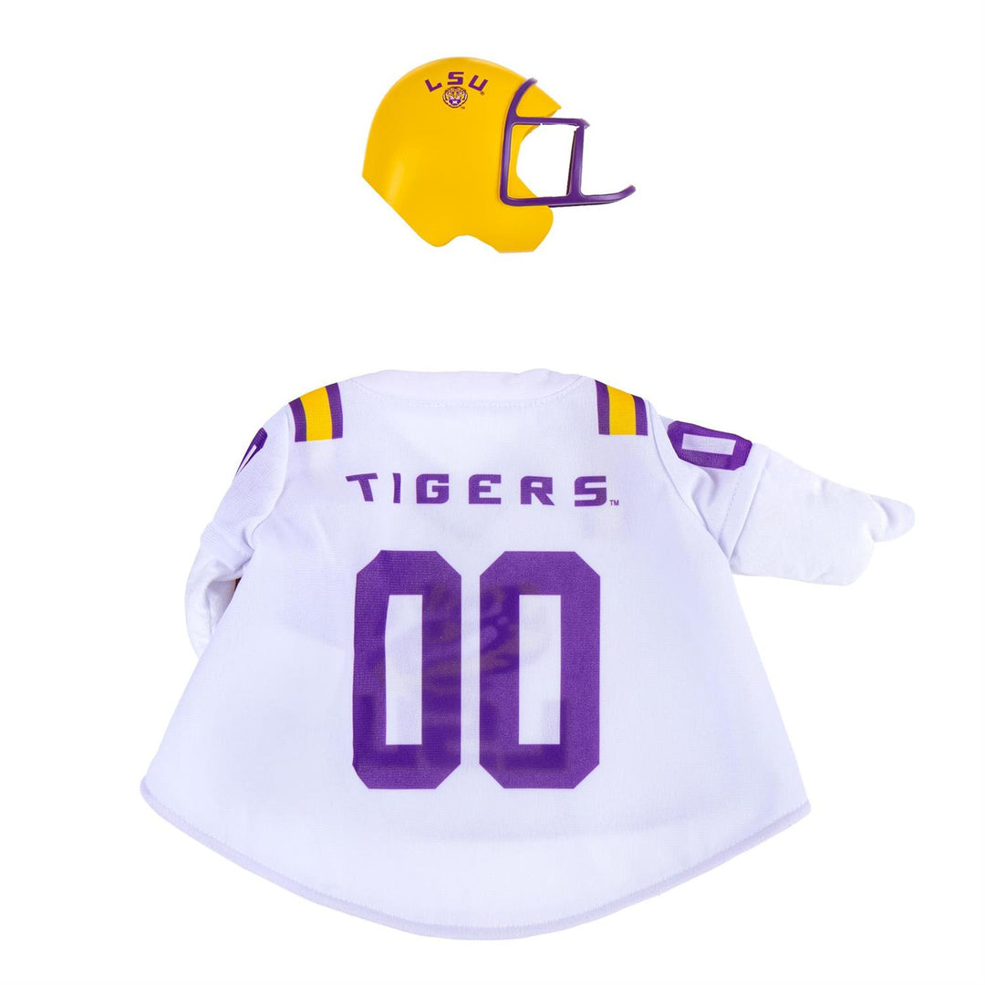 Back of LSU Tigers goose outfit jersey with purple Tigers lettering and number 00, plus gold helmet