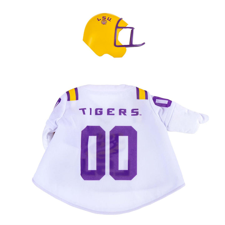 Back of LSU Tigers goose outfit jersey with purple Tigers lettering and number 00, plus gold helmet