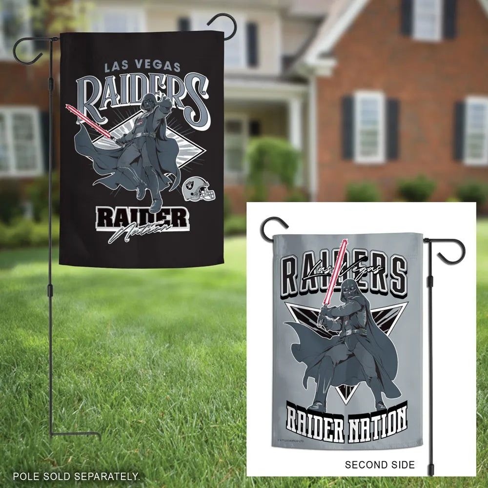 Las Vegas Raiders Darth Vader garden flag displayed outdoors with reverse-side inset; pole sold separately