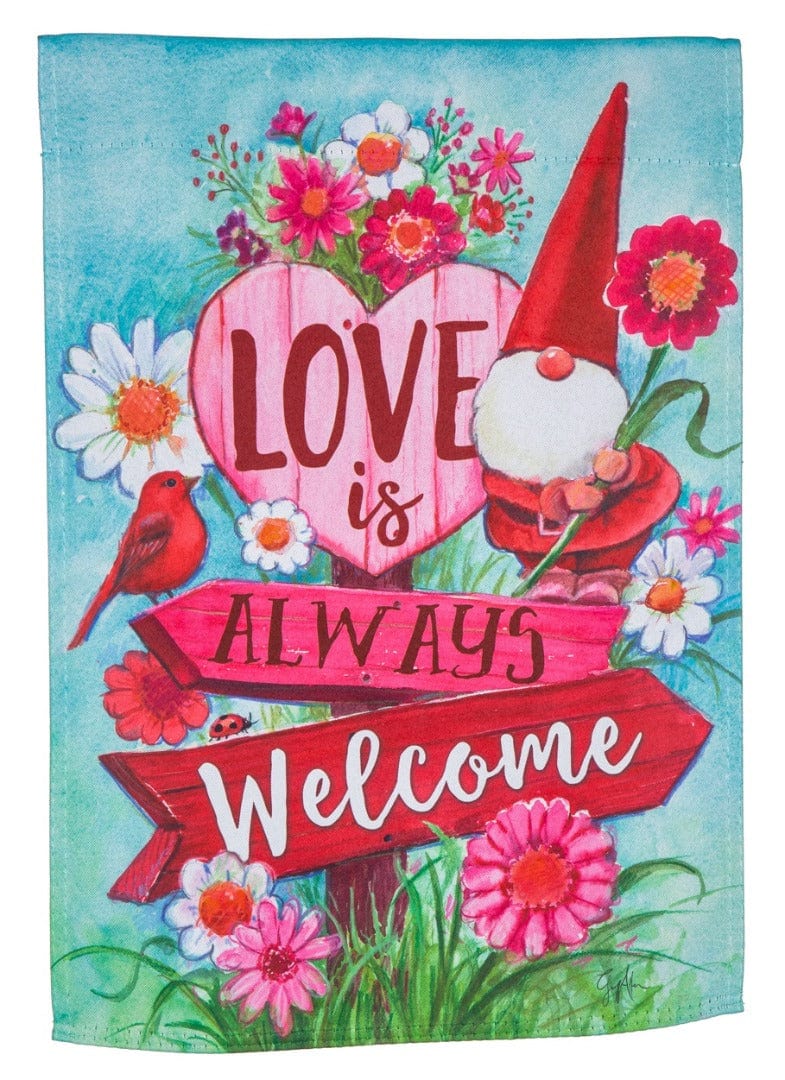 Love Is Always Welcome Valentine Garden Flag 2 Sided Gnome heartlandflags