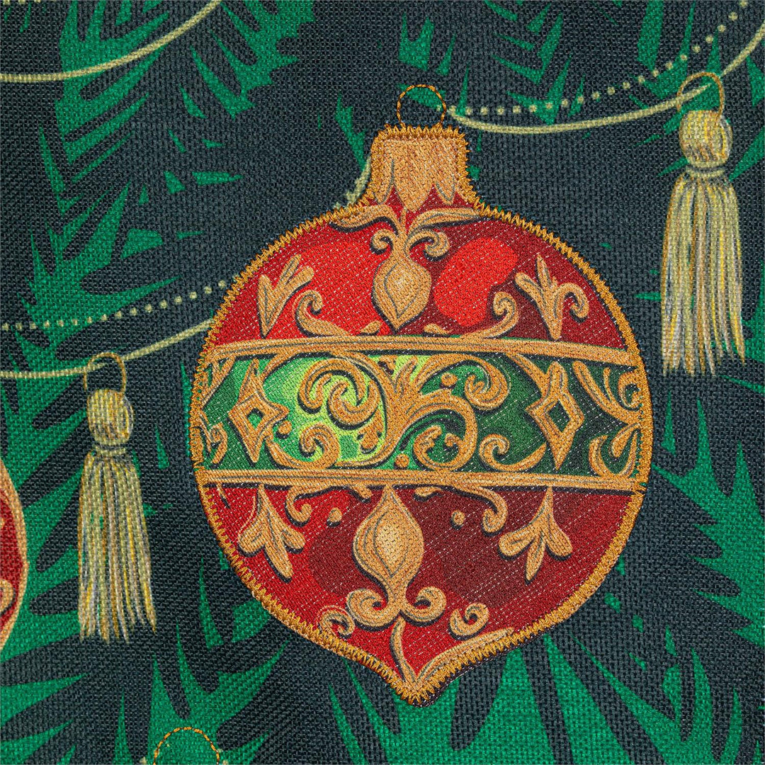Merry Christmas Ornaments long garden flag with five ornate baubles on a green evergreen background and rounded bottom