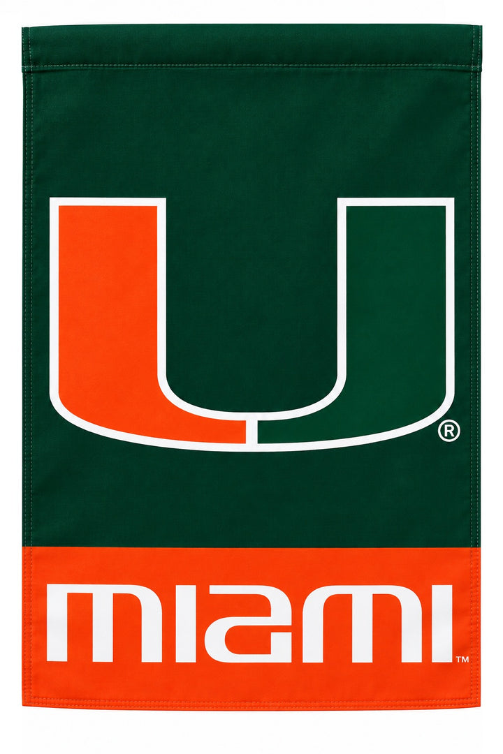 Miami Hurricanes garden flag featuring the split-U logo on green above a white Miami wordmark on an orange panel