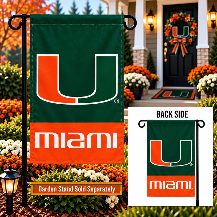 Miami Hurricanes orange and green garden flag on a stand with a back-side inset; garden stand sold separately