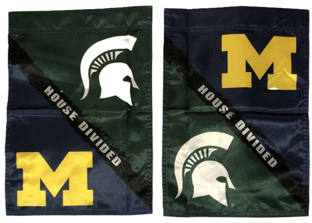 Michigan Wolverines vs Michigan State Spartans House Divided Garden Flag 2 Sided heartlandflags