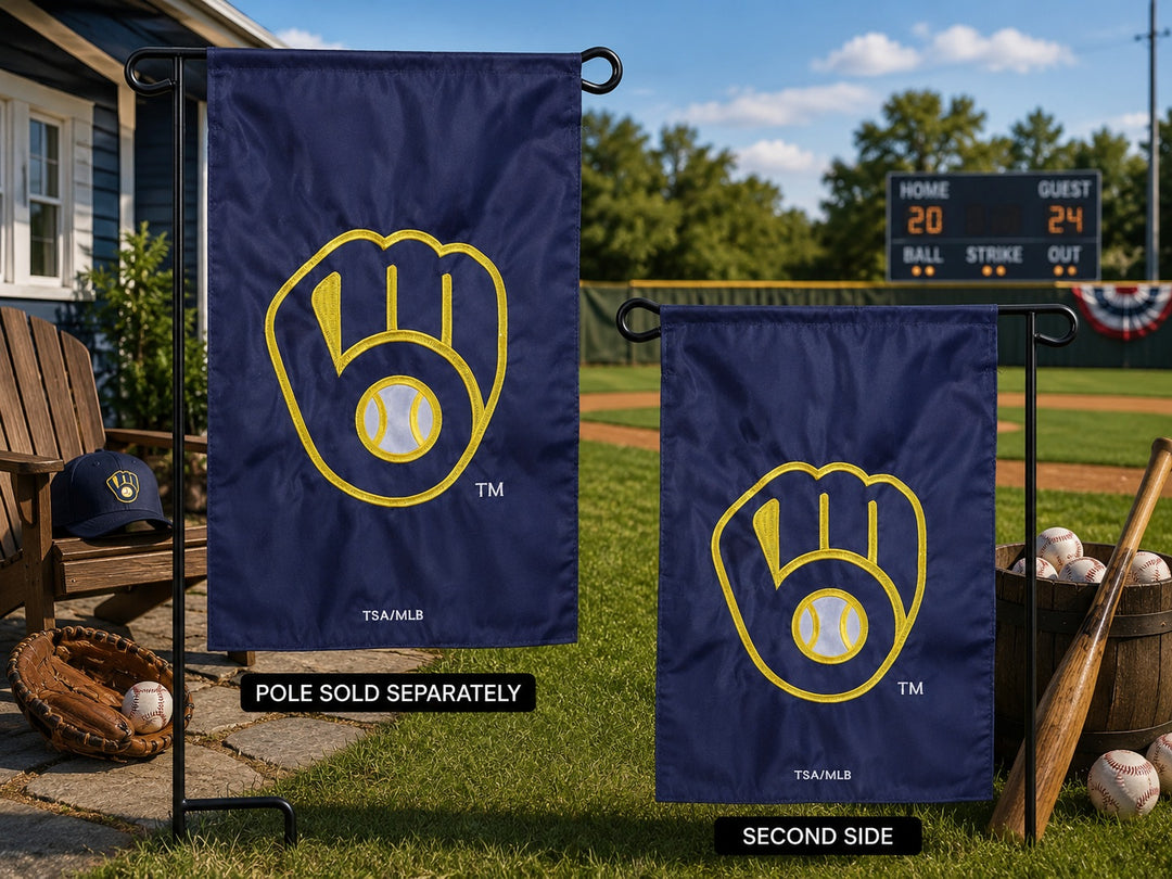 Milwaukee Brewers Garden Flag both sides displayed in yard with baseball props