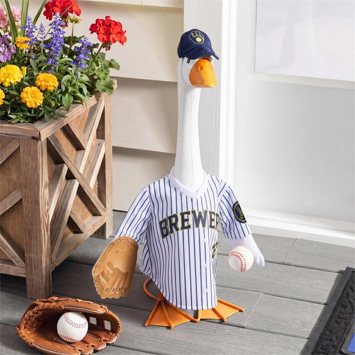 Back of licensed Milwaukee Brewers porch goose outfit with pinstripe jersey, 01 and navy cap