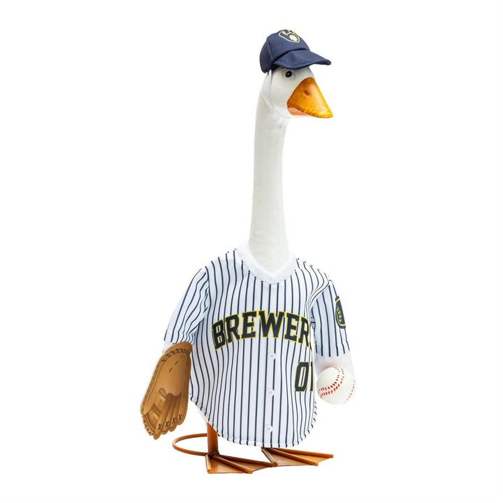 Milwaukee Brewers outfit on 21-inch porch goose with pinstripe jersey, navy cap, baseball and glove accents