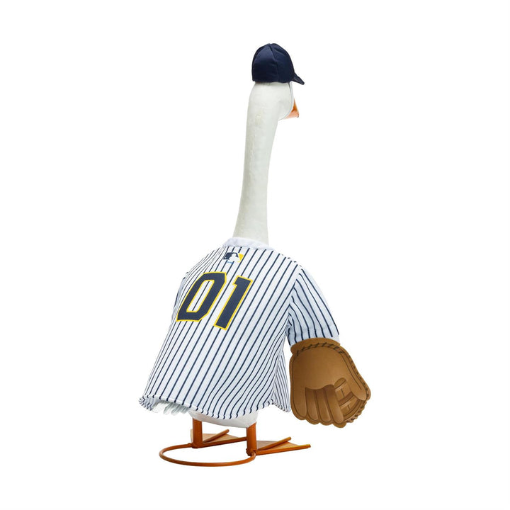 Milwaukee Brewers porch goose outfit displayed on front porch beside flowers