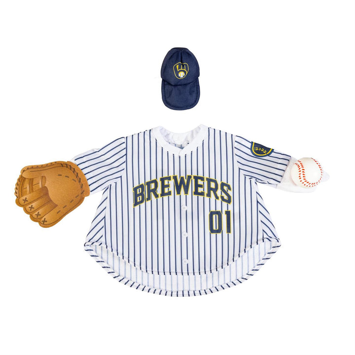 Rear view of Milwaukee Brewers porch goose jersey and cap on goose