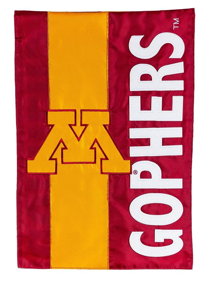 Minnesota Gophers embellished garden flag with gold M logo and white vertical lettering on maroon and gold