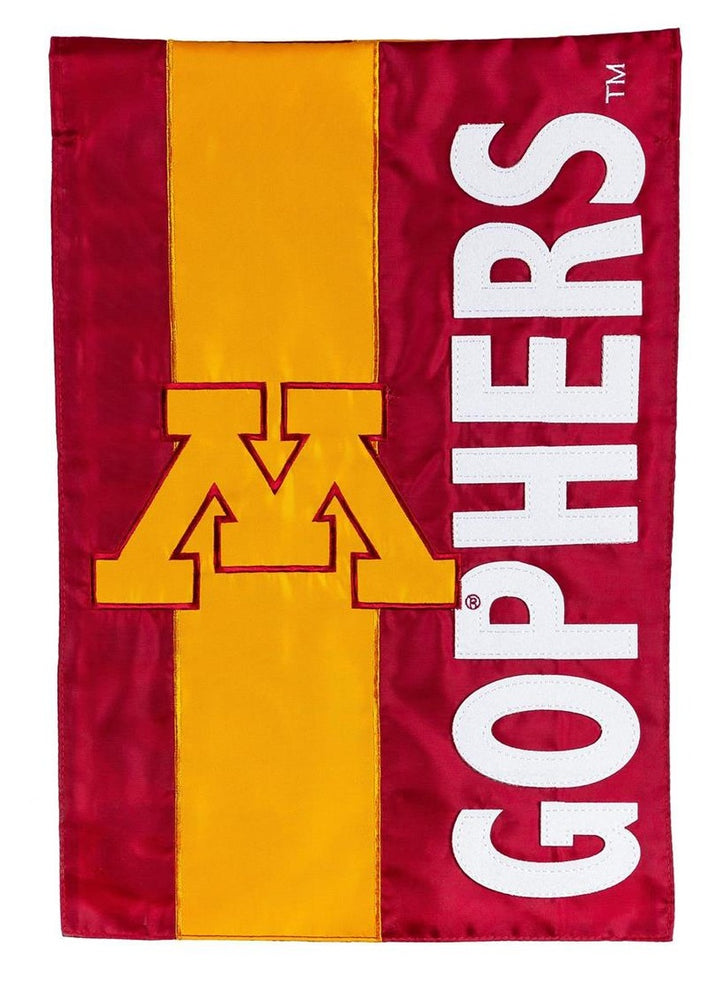 Minnesota Gophers embellished garden flag with gold M logo and white vertical lettering on maroon and gold