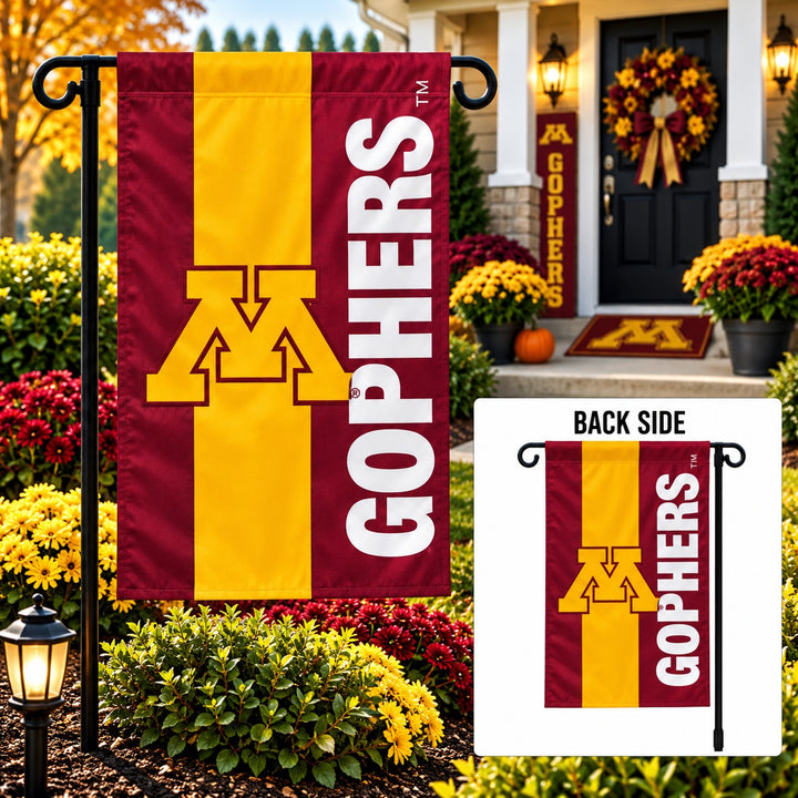 Minnesota Gophers flag displayed among flowers with inset showing correctly readable back side