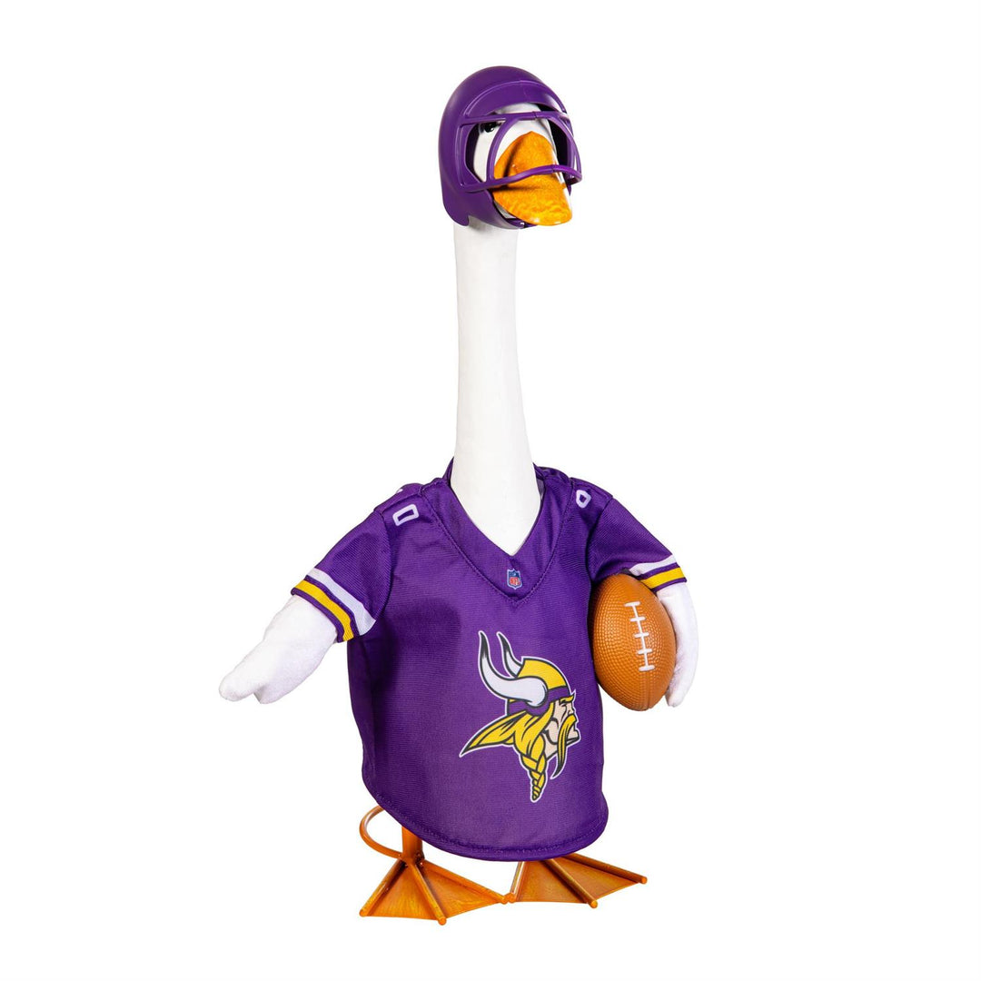 Back of Minnesota Vikings purple goose jersey with white Vikings lettering and 00 beside matching helmet