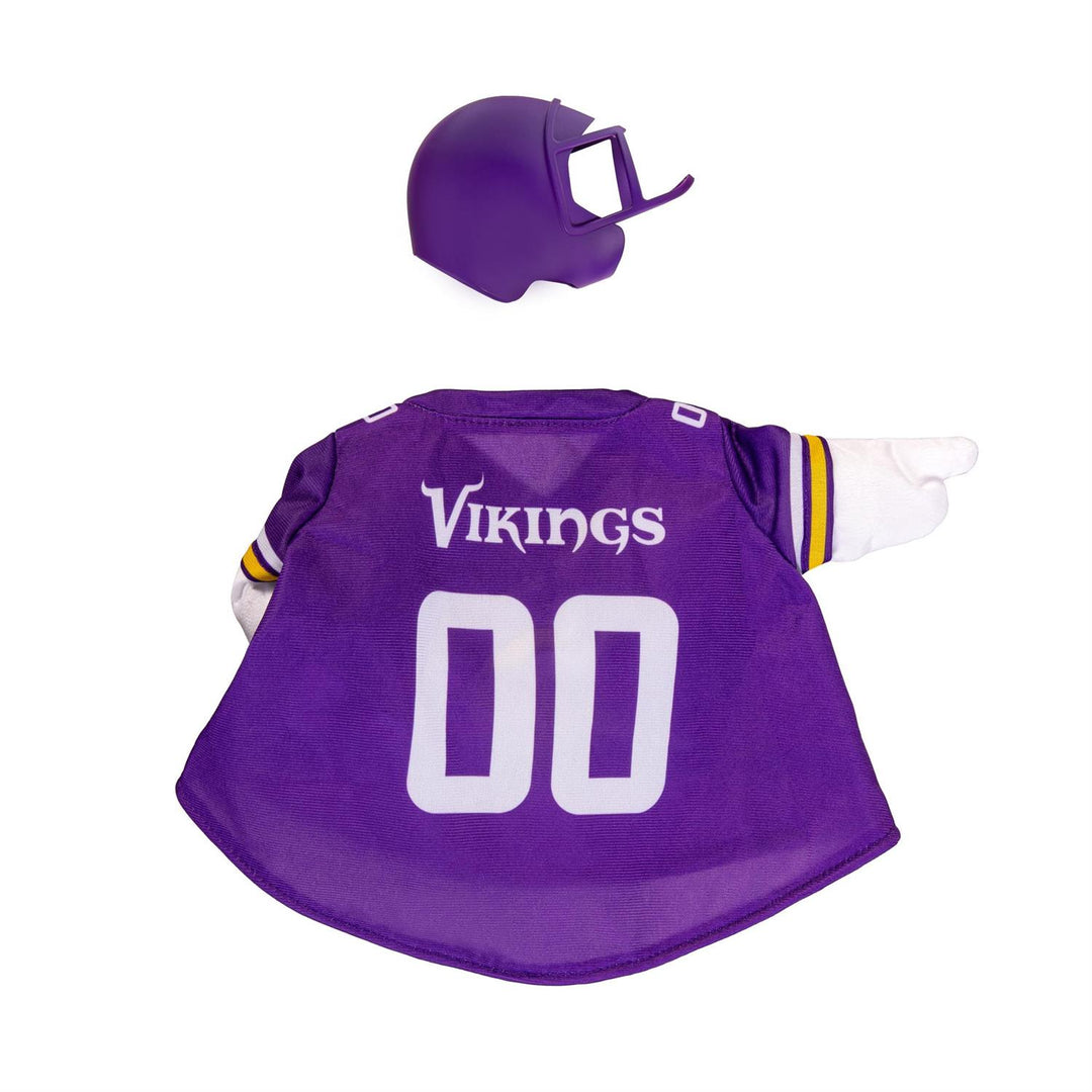 Front view of Vikings porch goose costume with team emblem and purple helmet