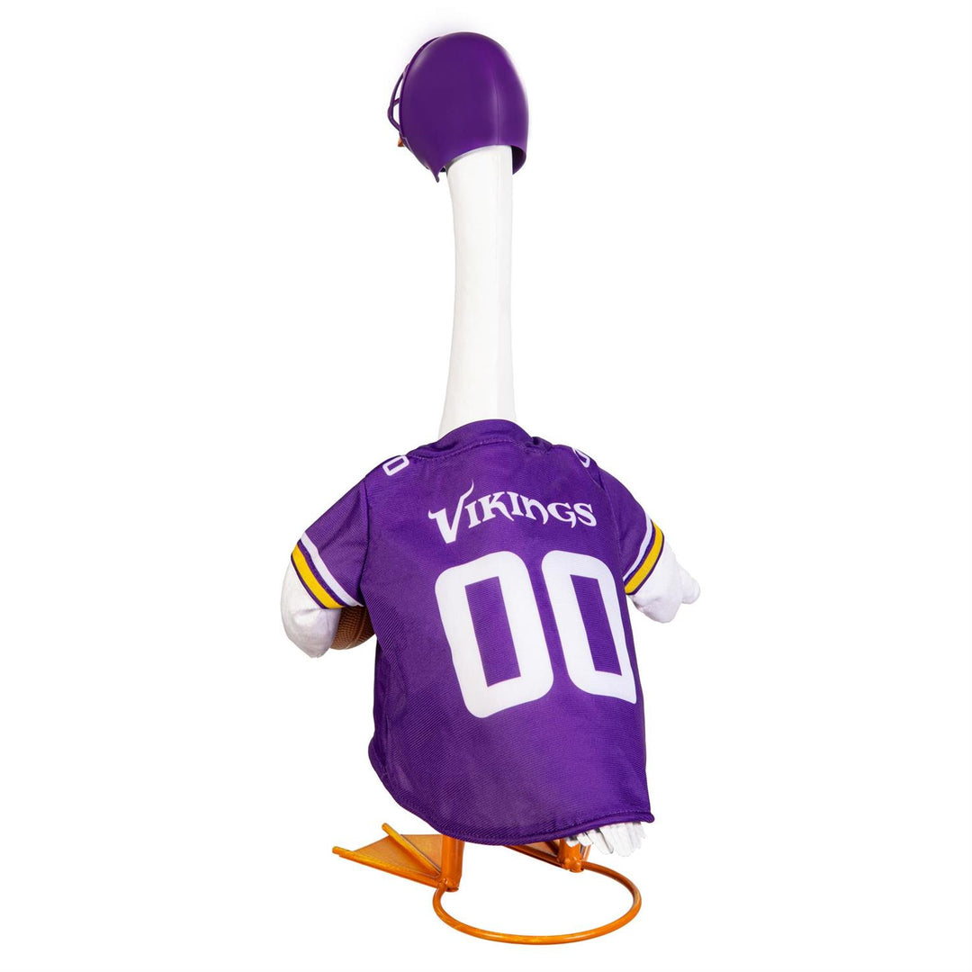 Rear view of Minnesota Vikings outfit modeled on a 21-inch porch goose