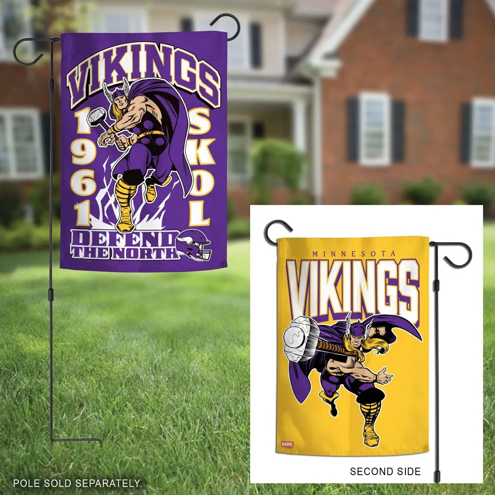Minnesota Vikings Thor garden flag displayed outdoors with gold reverse-side inset; pole sold separately