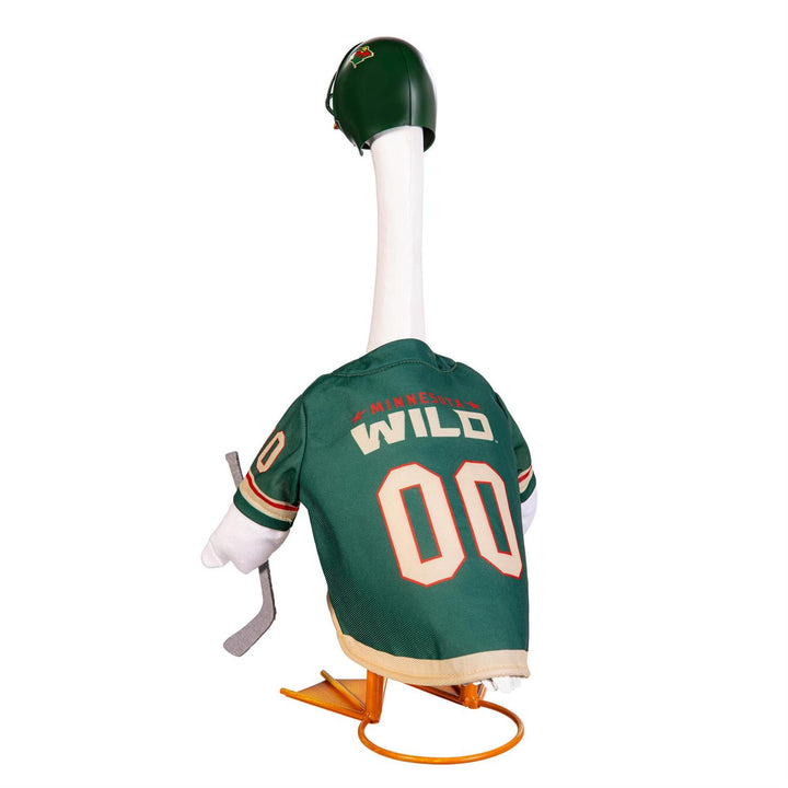 Back of Minnesota Wild porch goose outfit showing MINNESOTA WILD lettering and cream-colored 00 numerals