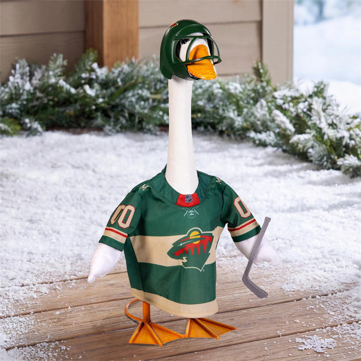 Minnesota Wild green hockey jersey goose outfit with team logo, green helmet, and gray hockey stick shown without a goose
