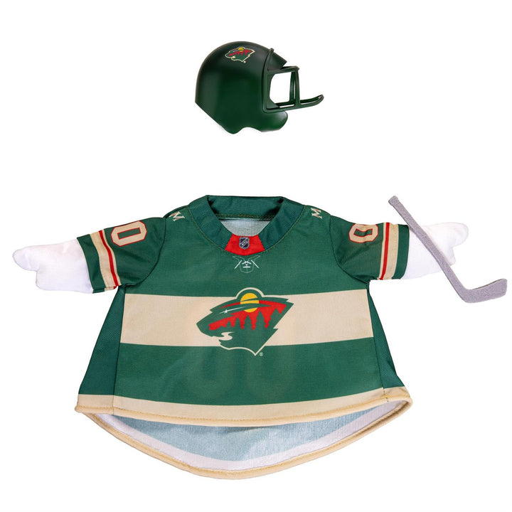 Rear of Minnesota Wild green jersey outfit with 00 numerals, matching helmet accessory, and decorative hockey stick