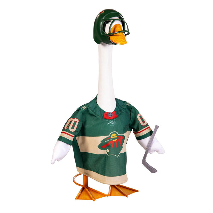 Minnesota Wild outfit on a decorative goose showing green jersey, cream-colored chest stripe, helmet, and hockey stick; goose not included