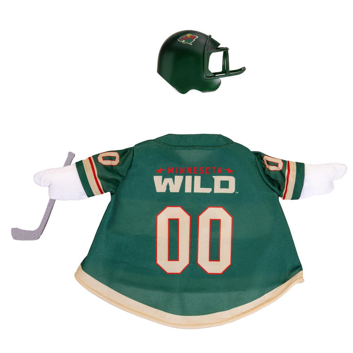 Minnesota Wild hockey outfit modeled on a decorative porch goose in a snowy porch scene; goose not included