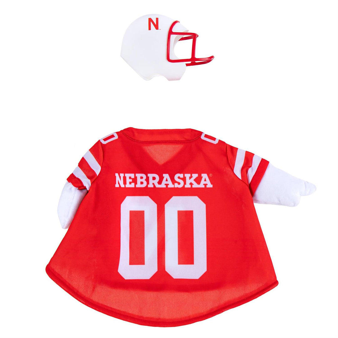 Rear of Nebraska red jersey outfit with white 00 numerals and matching N-logo helmet accessory