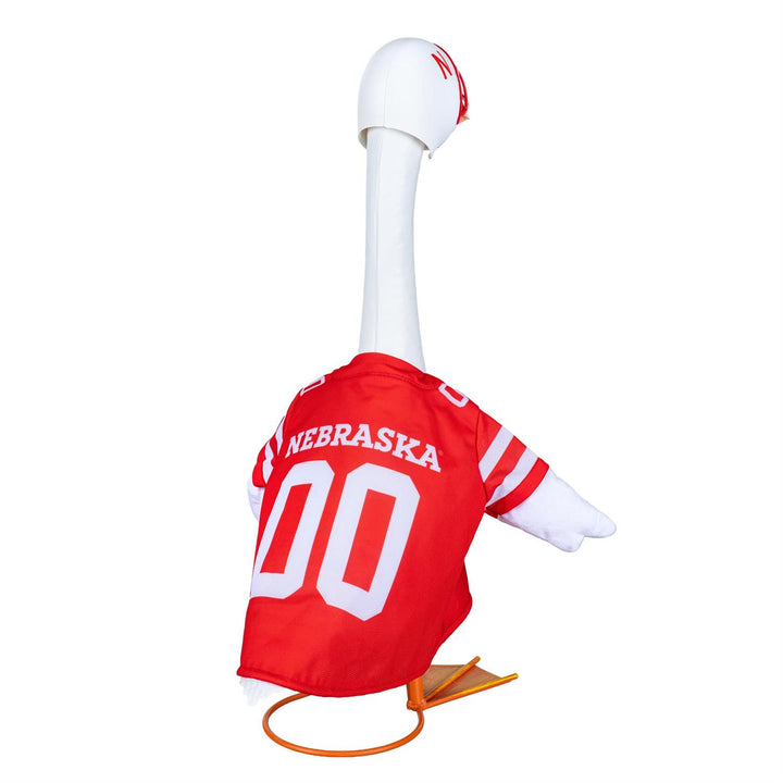 Nebraska red football jersey outfit and white helmet accessory shown without a goose