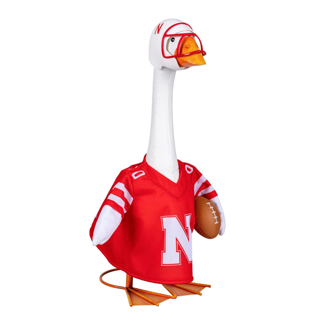 Nebraska Cornhuskers goose outfit showing white N logo, striped sleeves, and decorative brown football