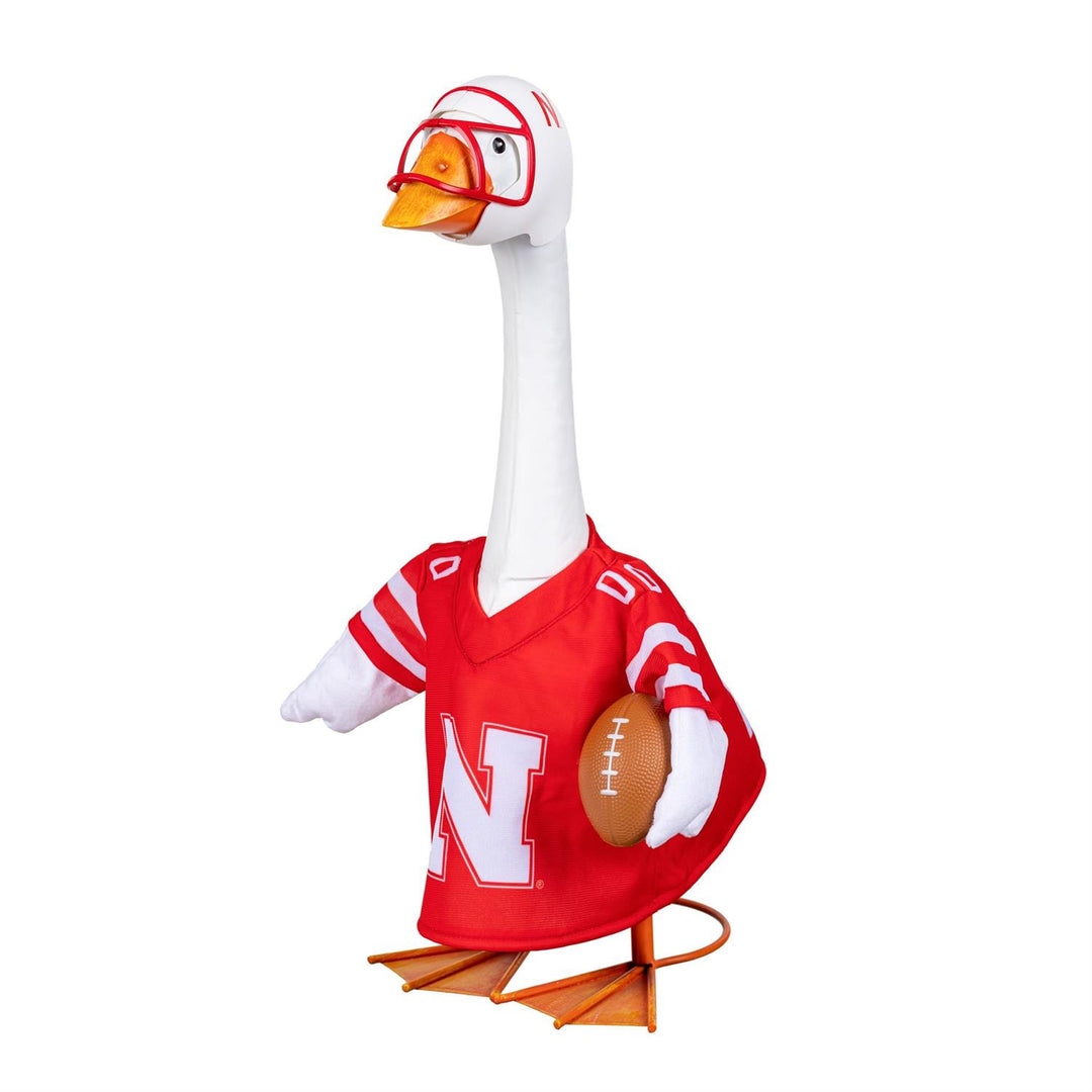 Front angled view of Nebraska porch goose football outfit with red jersey, white helmet, and football detail