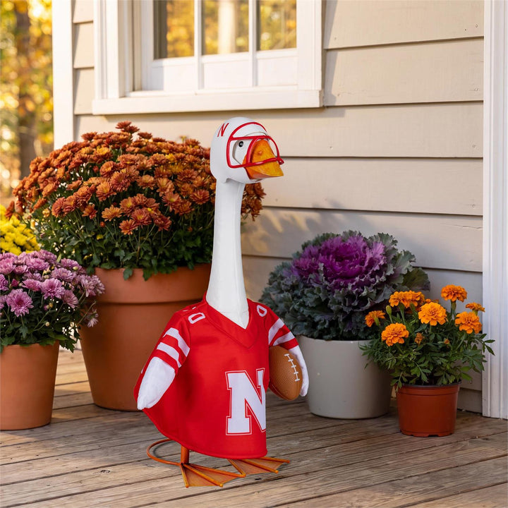 Nebraska football outfit modeled on a decorative porch goose beside autumn flowers; goose not included