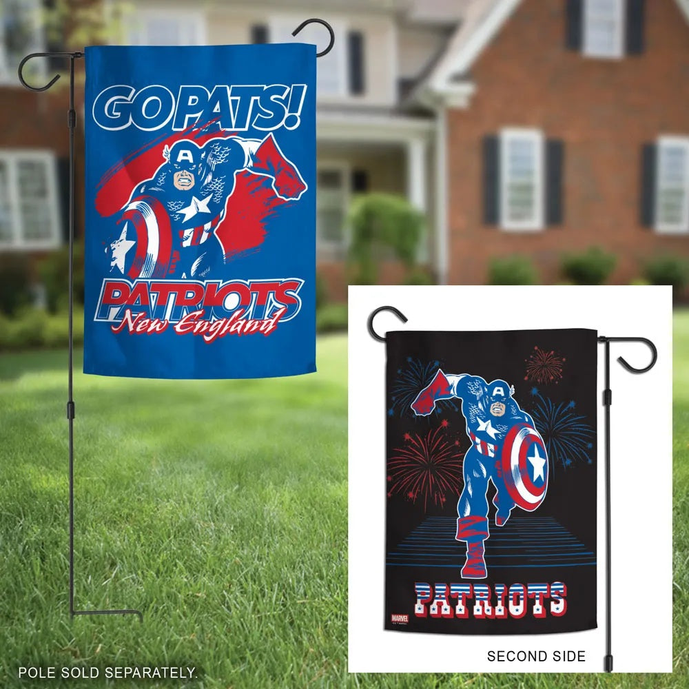 Patriots Captain America garden flag displayed outdoors with reverse-side inset; pole sold separately