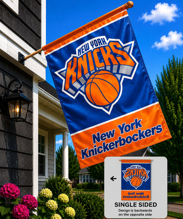New York Knicks Banner hanging on house exterior lifestyle photo