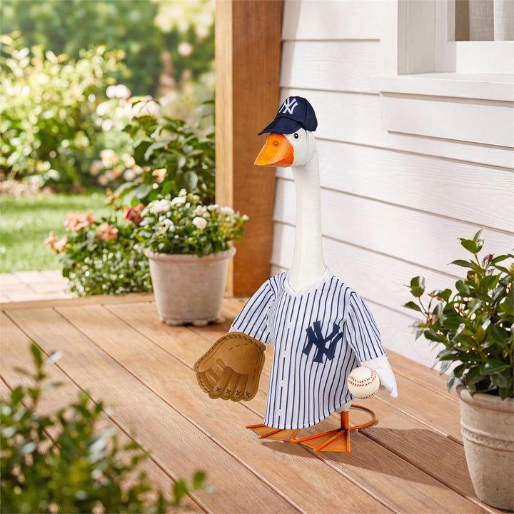 Licensed New York Yankees porch goose outfit with pinstripe jersey, navy NY cap, glove and baseball accents