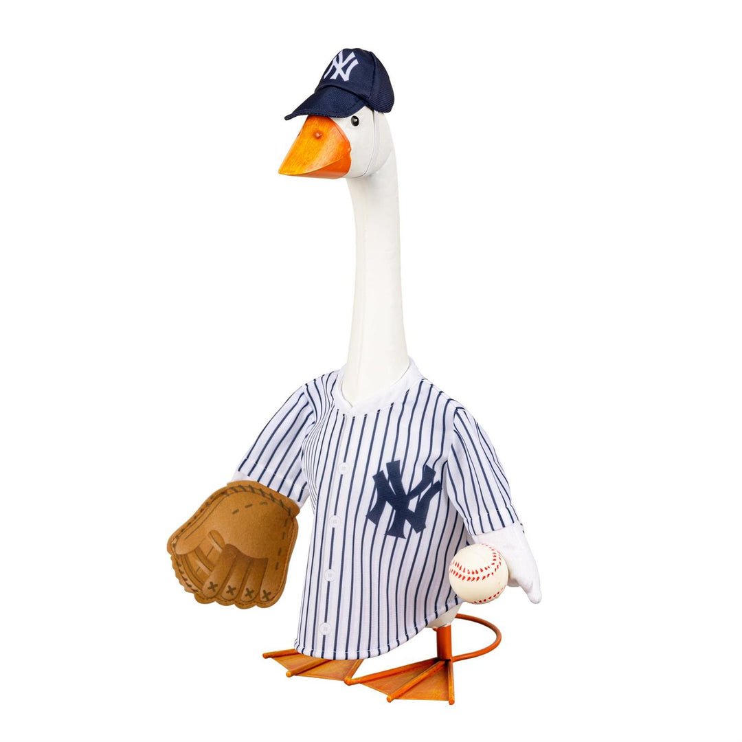 Side view of Yankees porch goose outfit showing jersey, cap, glove and baseball