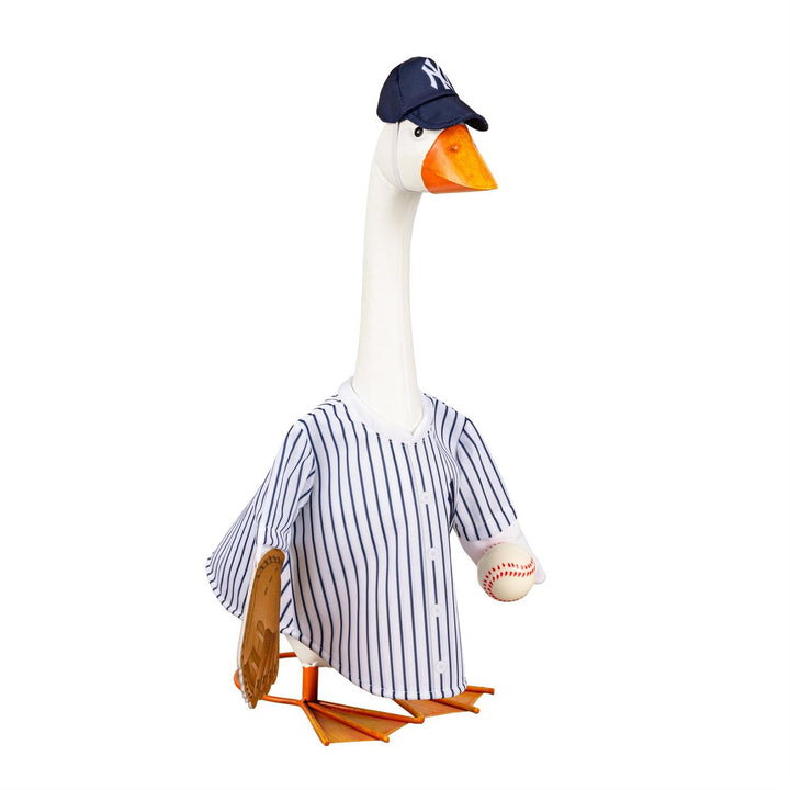 21-inch porch goose dressed in New York Yankees pinstripe jersey and cap on a porch