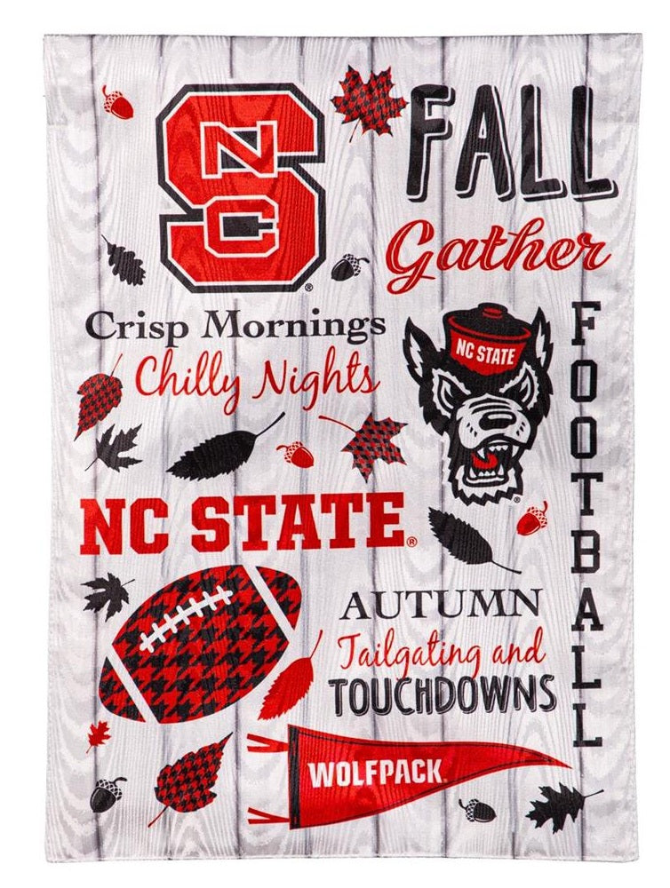NC State Wolfpack fall garden flag with football, autumn leaves, team logos, and seasonal wording