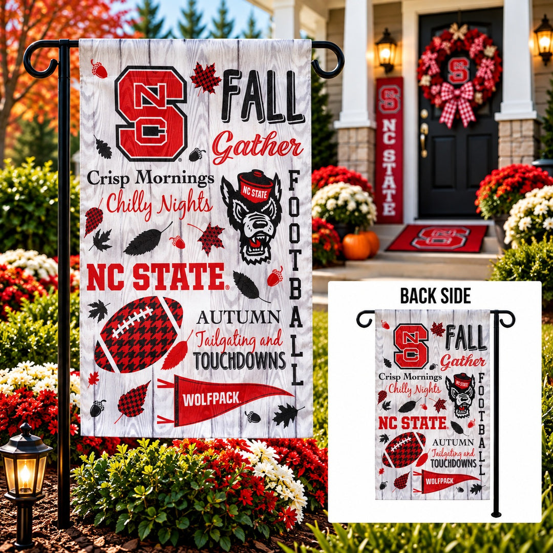 NC State garden flag displayed among autumn flowers with inset showing the back side