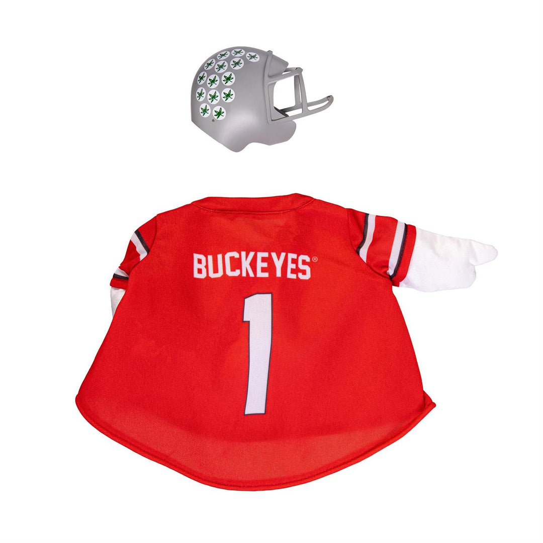 Front of licensed Ohio State Buckeyes jersey and helmet shown without the goose