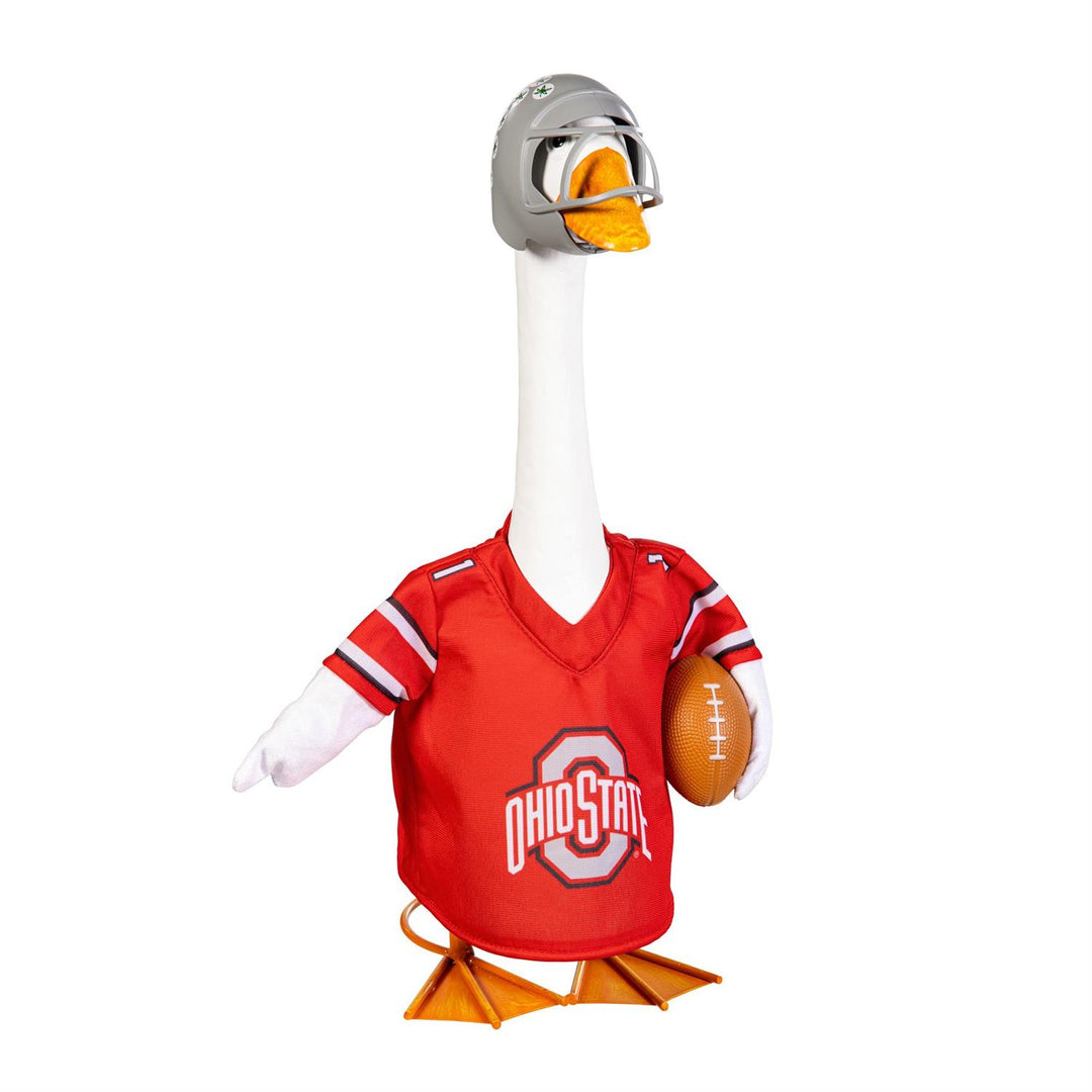 Ohio State Buckeyes porch goose outfit with scarlet logo jersey, football detail and silver-gray helmet