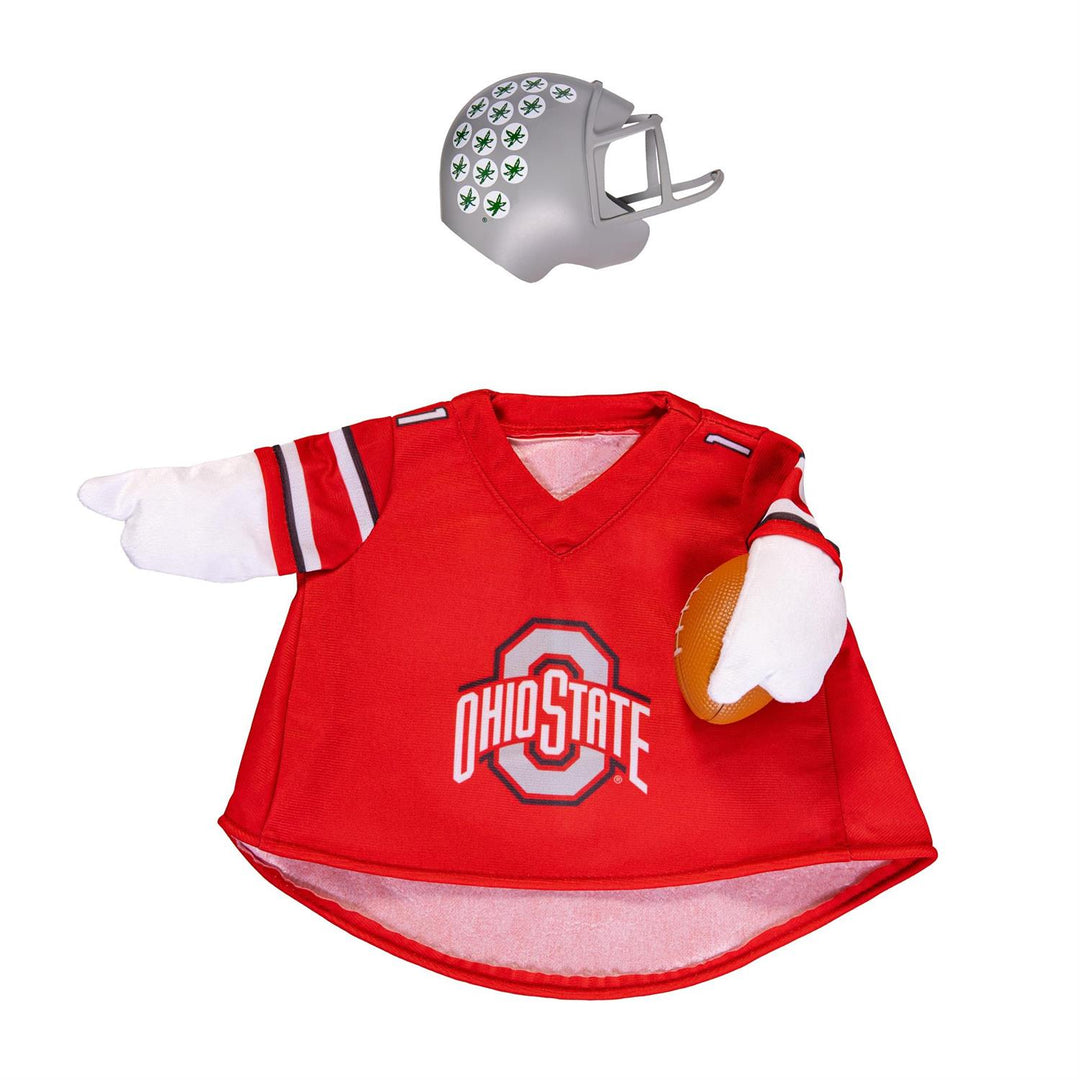 21-inch porch goose wearing Ohio State Buckeyes outfit beside fall flowers