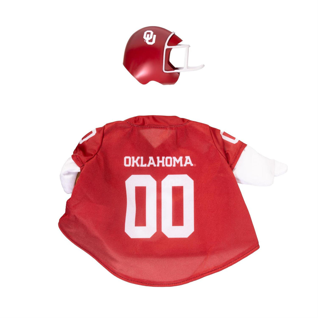 Oklahoma Sooners goose outfit in a fall porch display; goose and decorative props not included