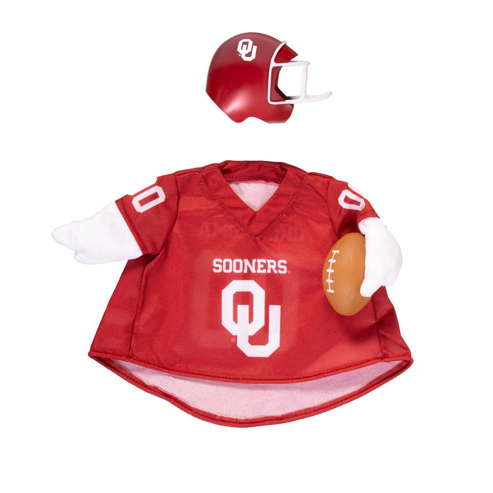 Back of Oklahoma football goose jersey showing Oklahoma lettering and number 00 with matching helmet