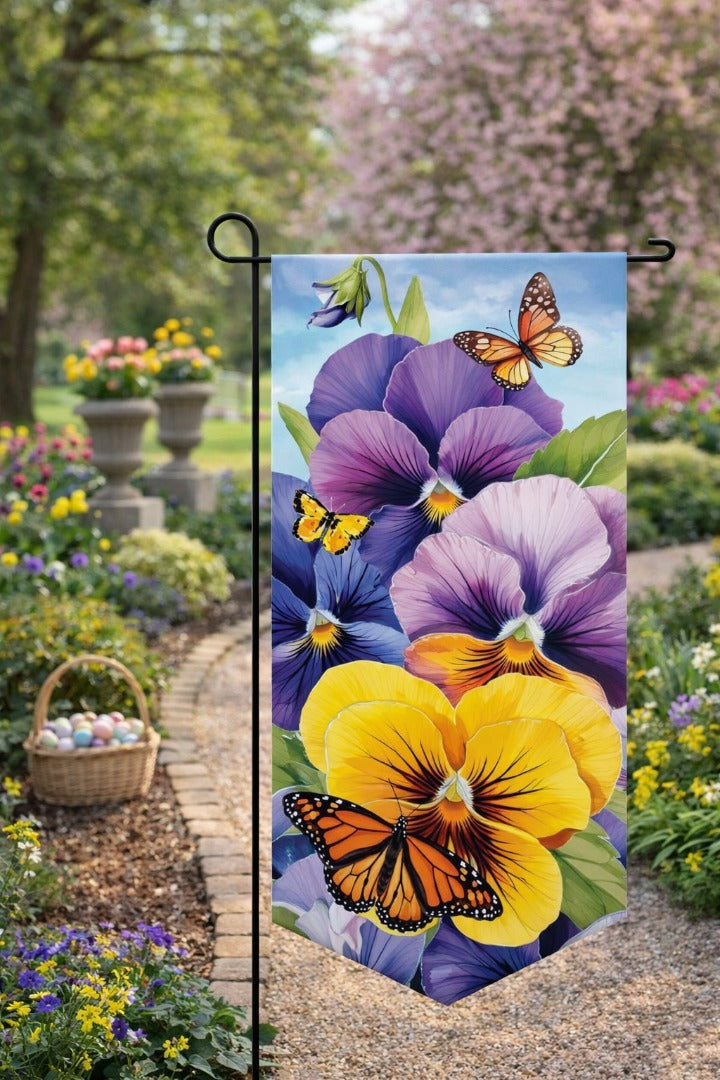 Pansies & Butterflies 2 Sided Long Garden Flag heartlandflags