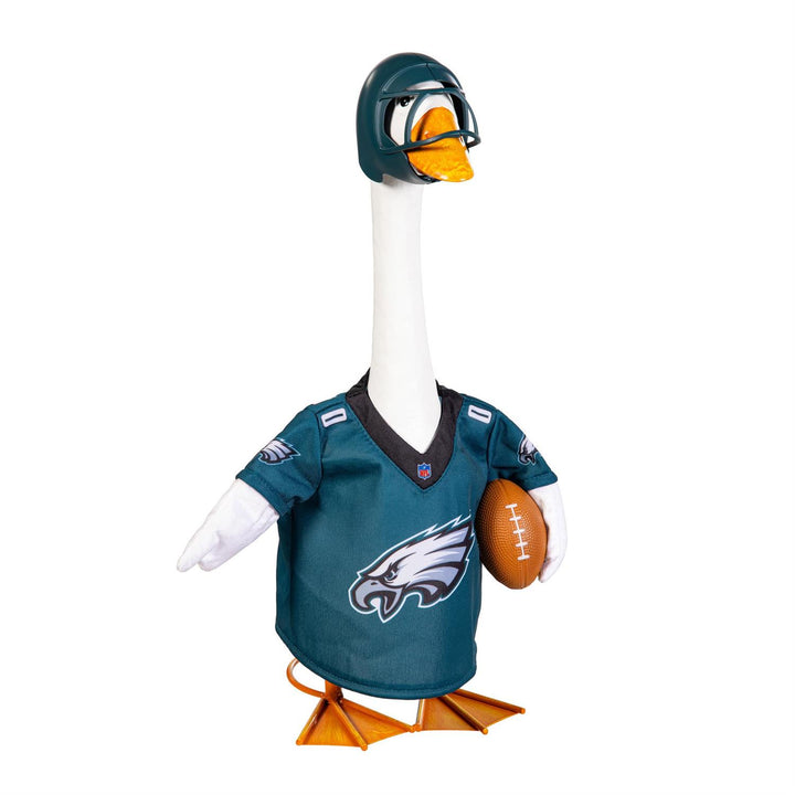 Porch goose modeling Philadelphia Eagles green jersey and helmet on a fall porch