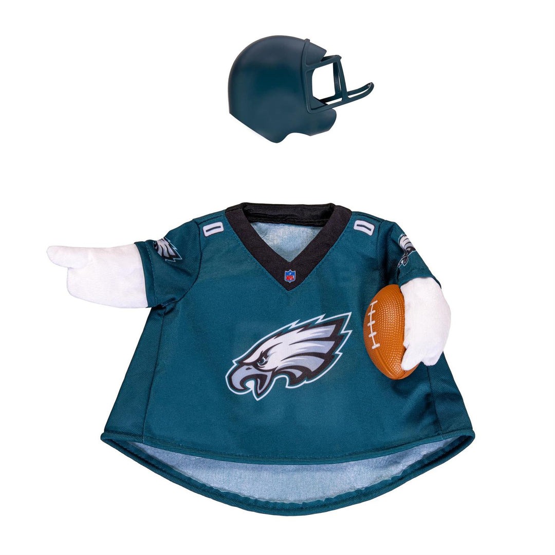 Front view of Philadelphia Eagles outfit modeled on a 21-inch porch goose