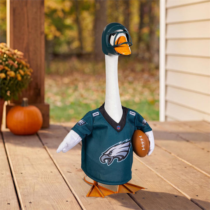 Licensed Philadelphia Eagles porch goose outfit with green jersey, helmet and football accent, goose not included